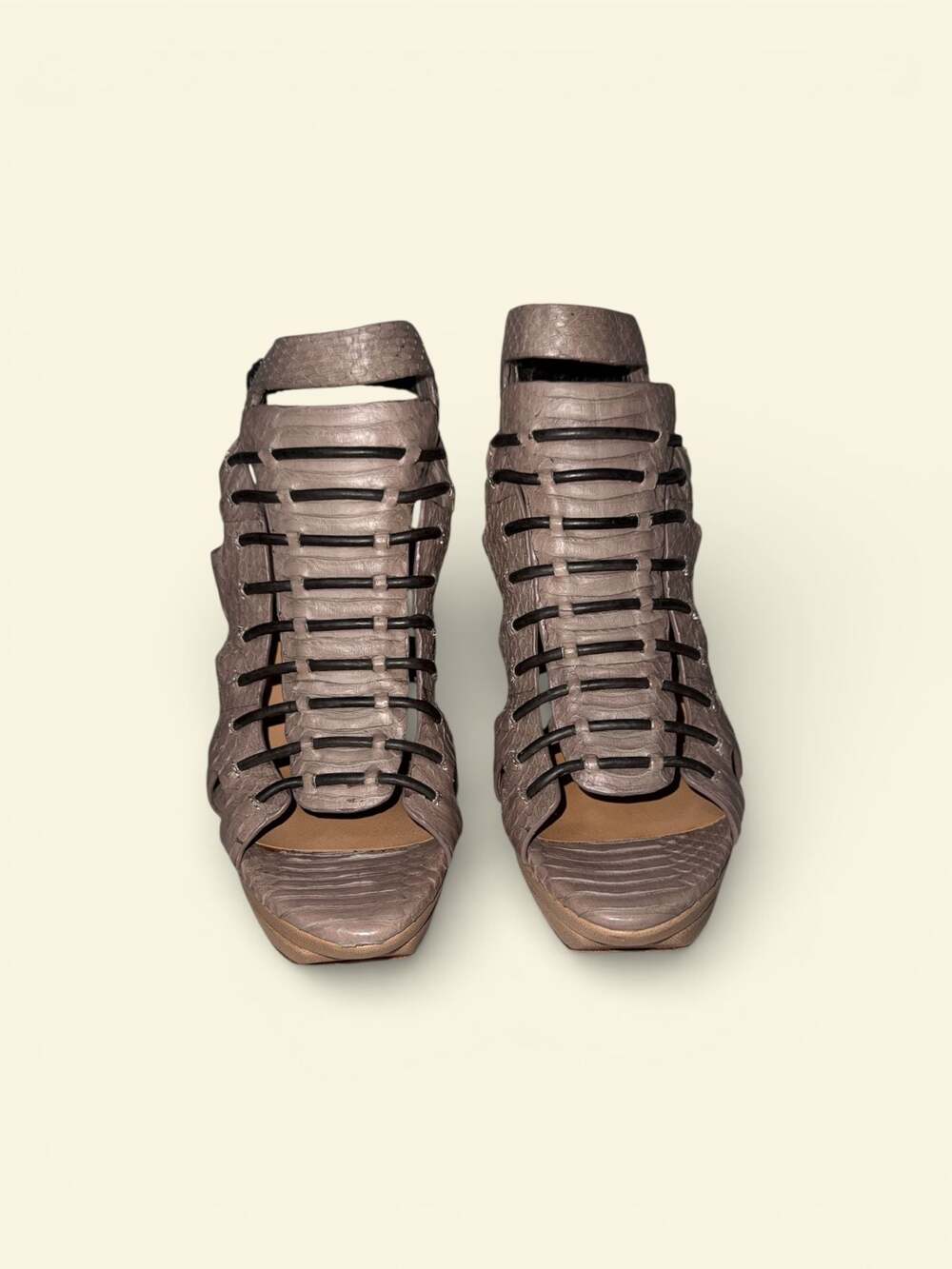 L.A.M.B. Charisma Snakeskin Embossed Strappy Platform Stiletto Heels